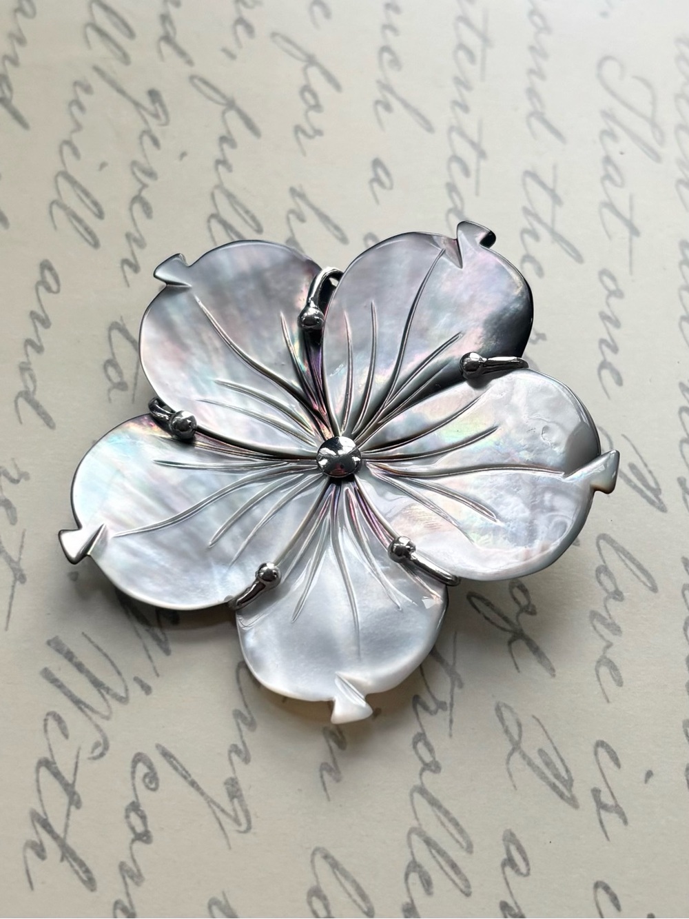 Large Sterling Silver Mother of Pearl Floral Pendant - Iridescent White & Grey